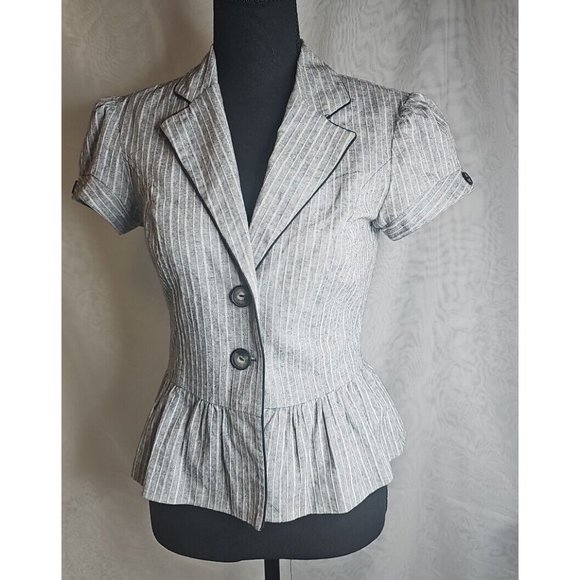 BCX Tops - BCX Womens Cap Sleeve Pinstriped Shirt Jacket Ruffled Hem SZ Medium